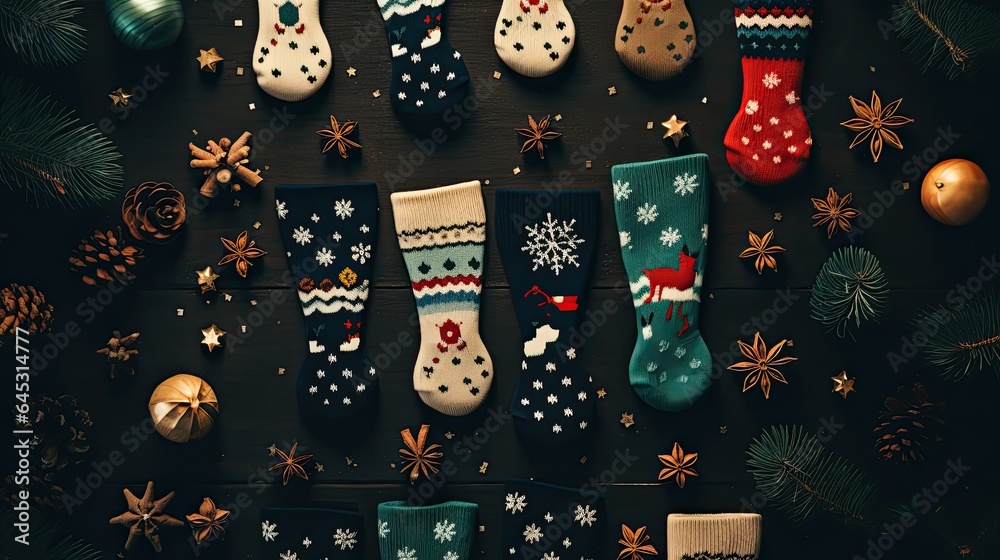 Warm Christmas socks arranged in a playful pattern, surrounded by winter motifs on a woolen surface