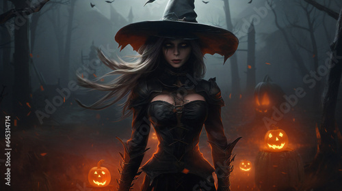 Beautiful Witch in a dark desolate forest surrounded by pumpkins. Halloween season, night, dark, cosplay, spooky.