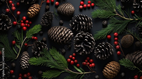 Pinecones, holly leaves, and berries artistically arranged on a matte black surface