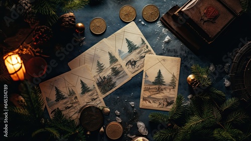 Vintage Christmas postcards surrounded by pine branches and old-fashioned stamps on a marbled table