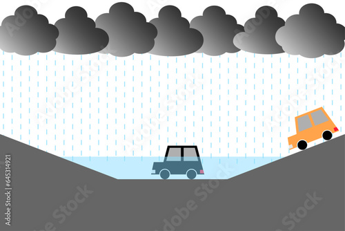 Car stuck in flooded underpass.	