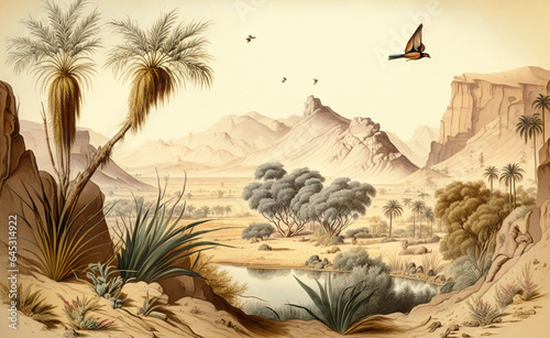 Wallpaper of a desert oasis with valleys  desert birds and butterflies in a landscape  vintage drawing  Generative AI
