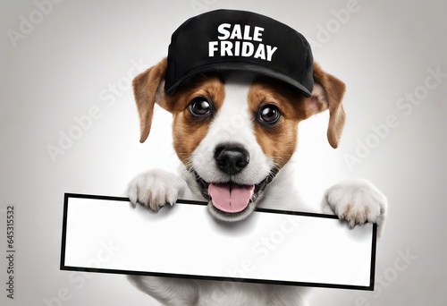 Cute puppy dog in a cap holds with paws sign for text on white background