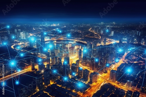Wallpaper Mural Smart city and big data connection technology, abstract line connection on night city background, communication network concept, Data storage, service, online, financial, Connectivity global Torontodigital.ca