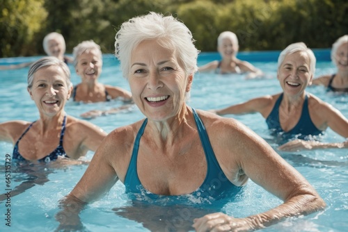 Active senior women enjoying aquagym class in a pool, displaying joy and camaraderie, embodying a healthy, retired lifestyle © Cad3D.Expert