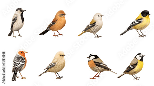 Familiar Birds, separate images on Transparent Background. Generative Ai