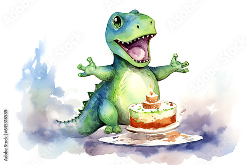 Cute dinosaur. Greeting birthday card for children. Post processed AI generated image.