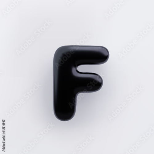 3D Black letter F with a glossy surface on a white background .