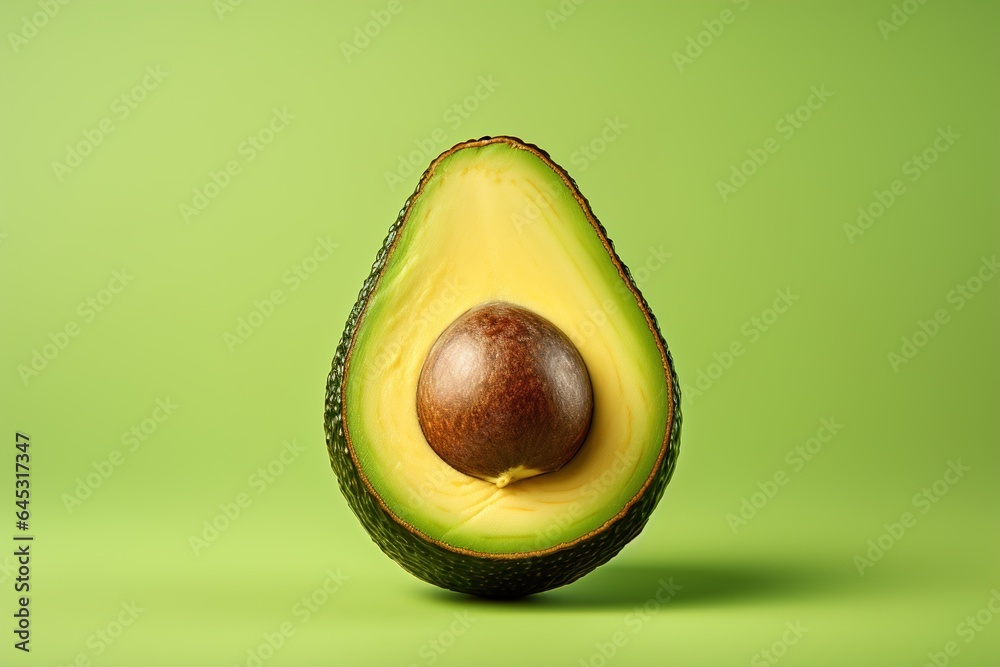 Avocado with a pit in a section on a green background, food minimalism