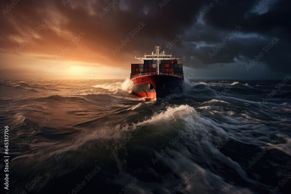 sea container ship sails through a storm in the ocean, thundercl sea container ship sails through a storm in the ocean, thundercl