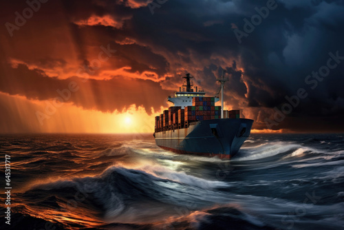 sea container ship sails through a storm in the ocean, thunderclouds, low sunlight