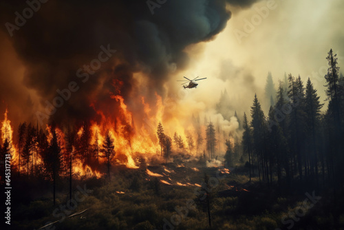very powerful forest fire, fire and smoke cover the sky, rescue helicopter