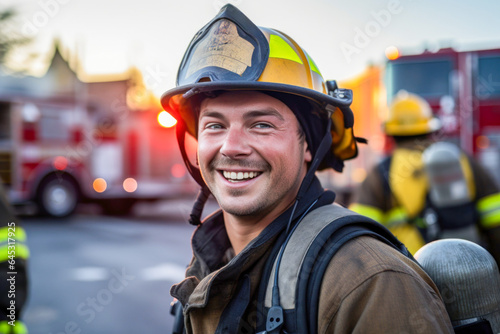 Photo of a firefighter with a joyful smile wearing a fire helmet