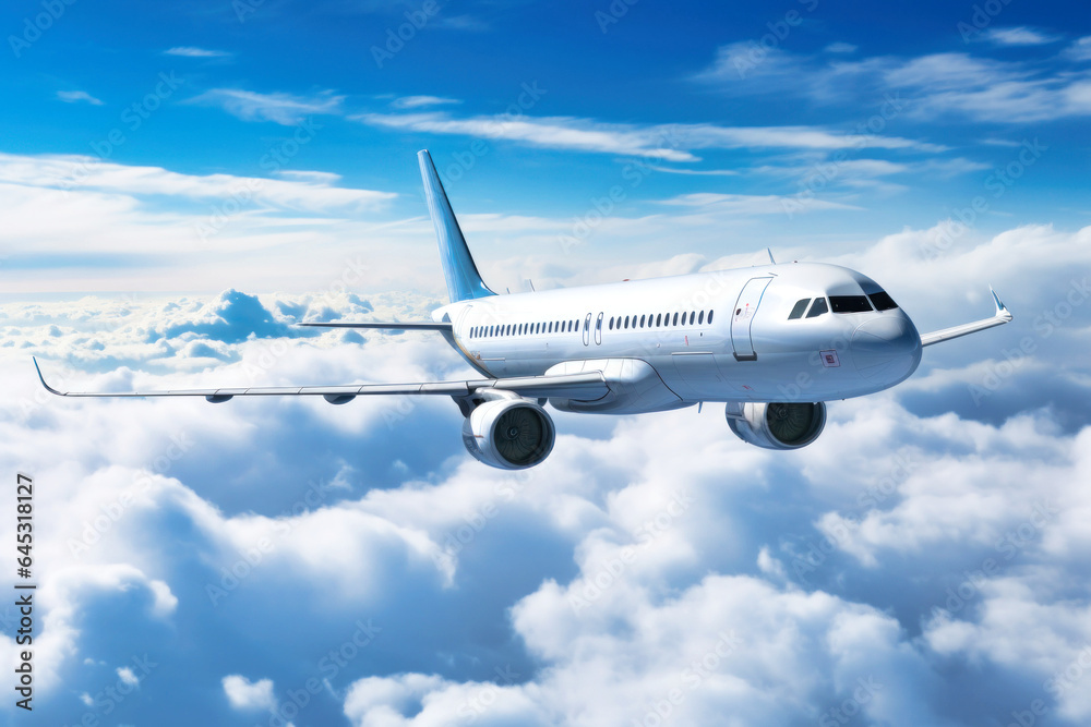 Obraz premium Passenger plane flying over clouds, sunny day