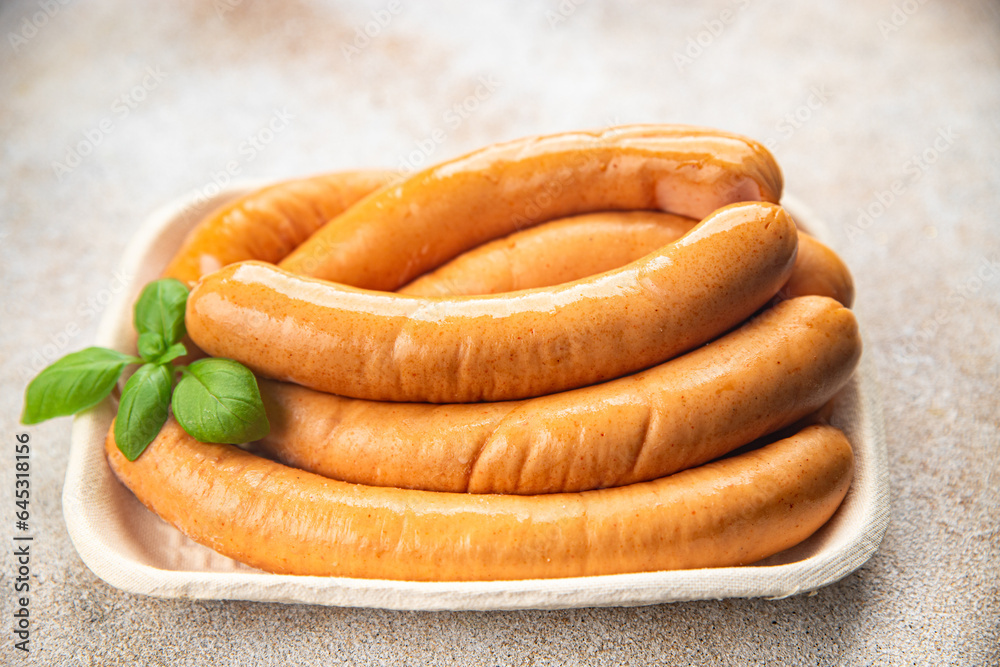 sausages chicken meat fast food appetizer meal food snack on the table copy space food background rustic top view sausages chicken meat fast food appetizer meal food snack on the table copy space food background rustic top view