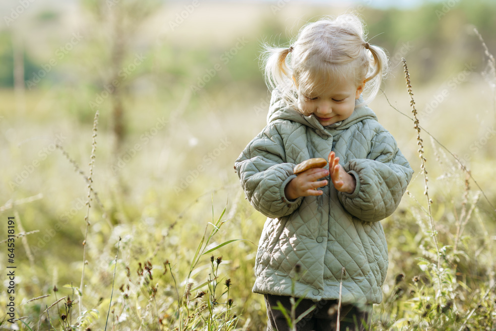 Toddler girl holding Mushroom in hands on the background of autumn forest Toddler girl holding Mushroom in hands on the background of autumn forest