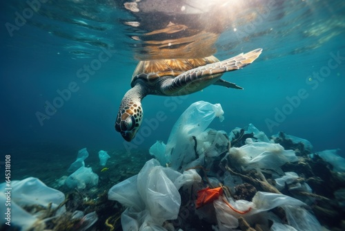 sea turtle swims dirty water, ocean polluted with household garbage, plastic bags and bottles, environmental disaster