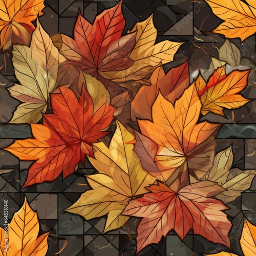 Whimsical Autumn Leaves Tile Pattern with Ancient Ruins Background.
