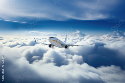 jet passenger plane flies over the clouds on a sunny day
