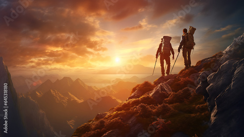 hiker friends to reach the top of the mountain in sunrise Golden hour background - Fictional Character - Generative Ai © Impress Designers