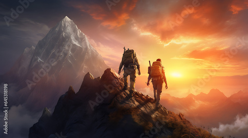 hiker friends to reach the top of the mountain in sunrise Golden hour background - Fictional Character - Generative Ai © Impress Designers