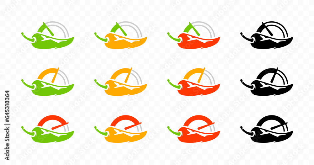 Chili pepper with gauges for heat pepper scale from low to high logo design. Spicy chili pepper with heat pepper scale rating meter vector design