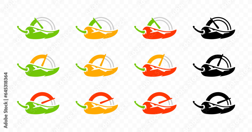 Chili pepper with gauges for heat pepper scale from low to high logo design. Spicy chili pepper with heat pepper scale rating meter vector design Chili pepper with gauges for heat pepper scale from low to high logo design. Spicy chili pepper with heat pepper scale rating meter vector design
