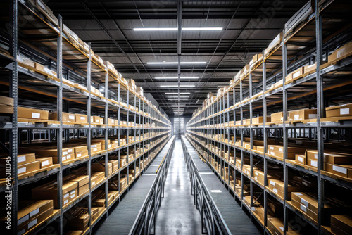 Photo of a spacious warehouse filled with neatly organized shelves