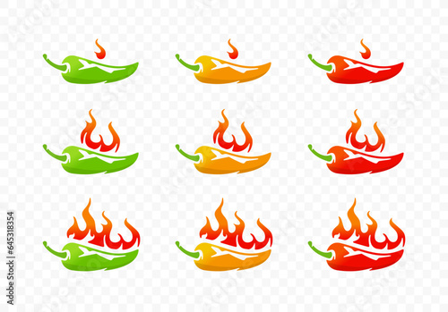 Chili pepper with fire flame for heat pepper scale from low to high logo design. Hot fire chili, spicy pepper heat scale rating vector design