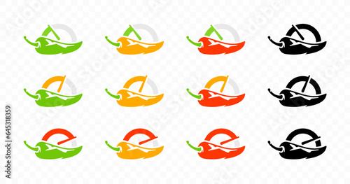 Chili pepper with gauges for heat pepper scale from low to high logo design. Spicy chili pepper with heat pepper scale rating meter vector design photo