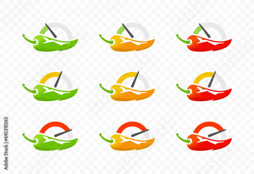 Chili pepper with gauges for heat pepper scale from low to high logo design. Spicy chili pepper with heat pepper scale rating meter vector design