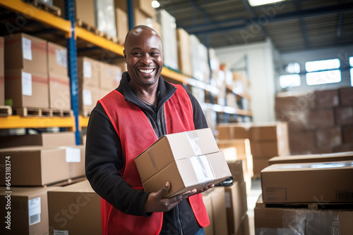 Photo of a man holding a box in a warehouse