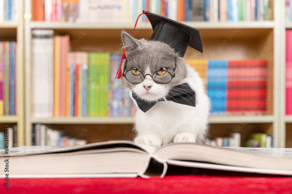 a cute british shorthair cat dressed as a doctor in front of a book shelf at horizontal composition