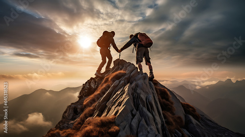 A hiker standing a top peak - helping a friend to reach - Two mans in top of the hills success gesture - friends standing on the top of mountain - Generative Ai 