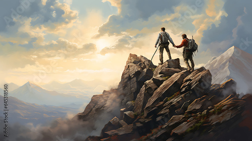 A hiker standing a top peak - helping a friend to reach - Two mans in top of the hills success gesture  - friends standing on the top of mountain  - Generative Ai  © Impress Designers