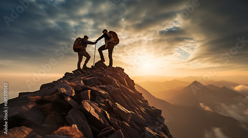 A hiker standing a top peak - helping a friend to reach - Two mans in top of the hills success gesture - friends standing on the top of mountain - Generative Ai 