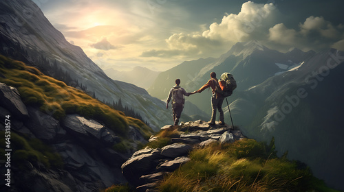 A hiker standing a top peak - helping a friend to reach - Two mans in top of the hills success gesture  - friends standing on the top of mountain  - Generative Ai  © Impress Designers
