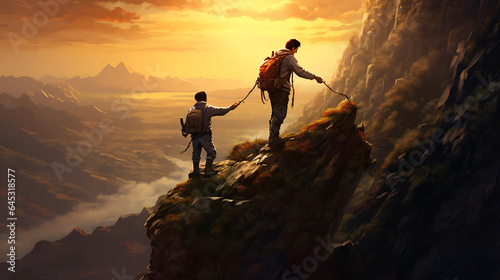 A hiker standing a top peak - helping a friend to reach - Two mans in top of the hills success gesture - friends standing on the top of mountain - Generative Ai 