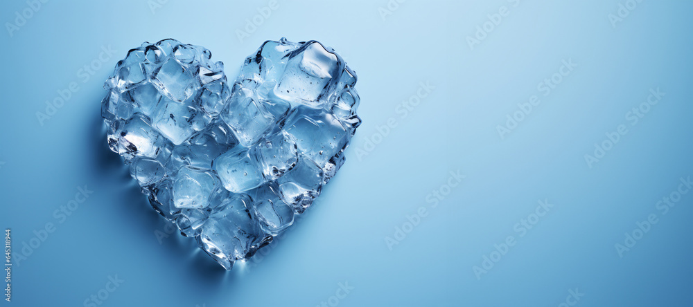 Group of melting heart shaped ice cubes placed on a light blue background in top view. Copy space. The concepts are heartbreak, calmness, cold hearted people, love, sadness and crying. Group of melting heart shaped ice cubes placed on a light blue background in top view. Copy space. The concepts are heartbreak, calmness, cold hearted people, love, sadness and crying.