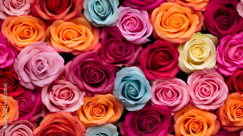 Seamless pattern. Roses of different colors is red, orange, blue, yellow, pink beautifully arranged top view. Theme is that the color of rose represents different meanings of love, Valentine's Day.
