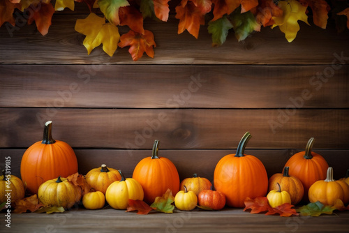background orange pumpkin wood leaf season autumn wooden fall halloween banner. Generative AI.
