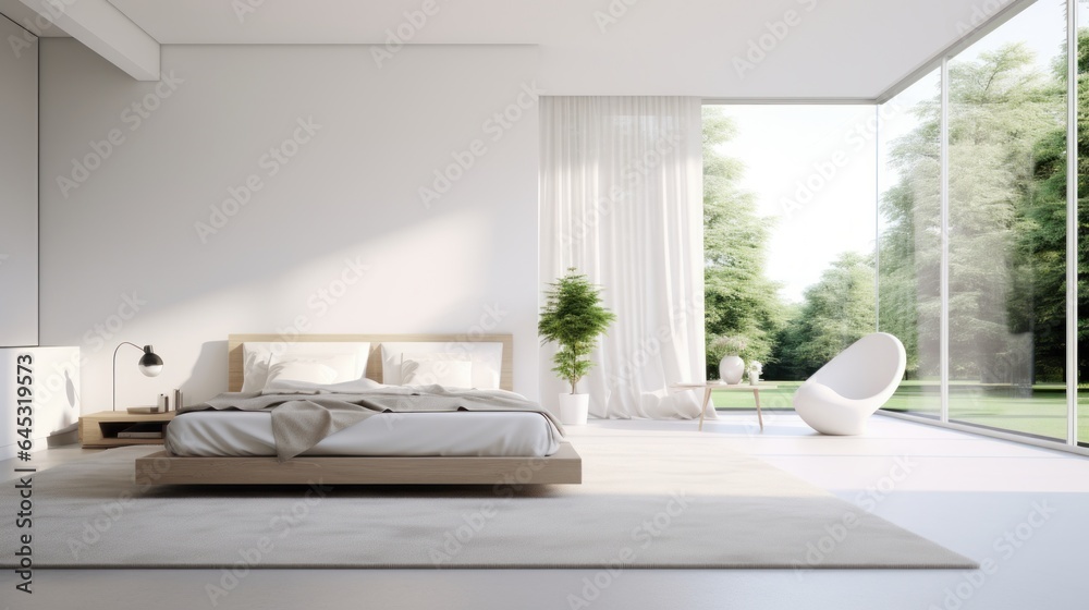 Fototapeta premium Interior of minimalist scandi style bedroom in luxury villa or hotel. White walls, large comfortable bed, armchair, floor-to-ceiling windows overlooking scenic summer landscape. Mockup, 3D rendering.