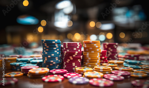 Poker Chips on a gaming table with dramatic lighting in casino on poker table, Close up on chips of gambling game copy space