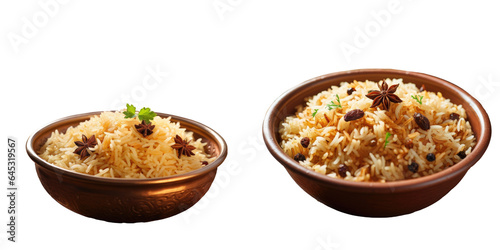 Selective focus on a bowl with cooked Brown Basmati rice in a stock photo transparent background