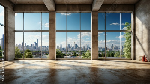 Interior of empty open space room in modern urban building for office or loft studio. Concrete walls and floor  home decor. Floor-to-ceiling windows with city view. Mockup  3D rendering.