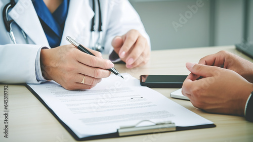 Medical paperwork, health insurance and old woman, signature and patient with doctor in office. Healthcare, policy documents and compliance.