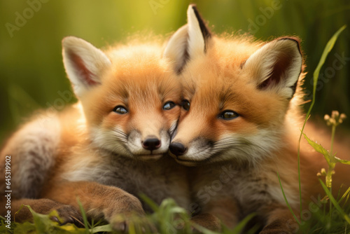 Wild red fox cubs next to each other on the green grass © Veniamin Kraskov