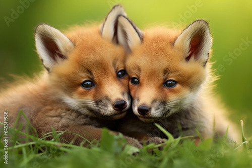 Wild red fox cubs next to each other on the green grass © Veniamin Kraskov