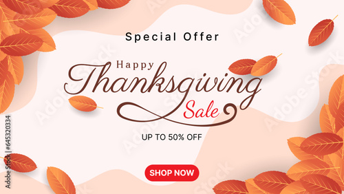 thanksgiving sale banner design with leaves and typography design