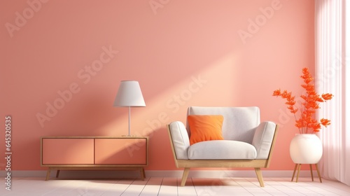 Stylish minimalist interior of modern cozy living room in pastel orange and pink tones. Comfortable trendy armchair, commode, plant in a vase, creative interior details. Mockup, 3D rendering.